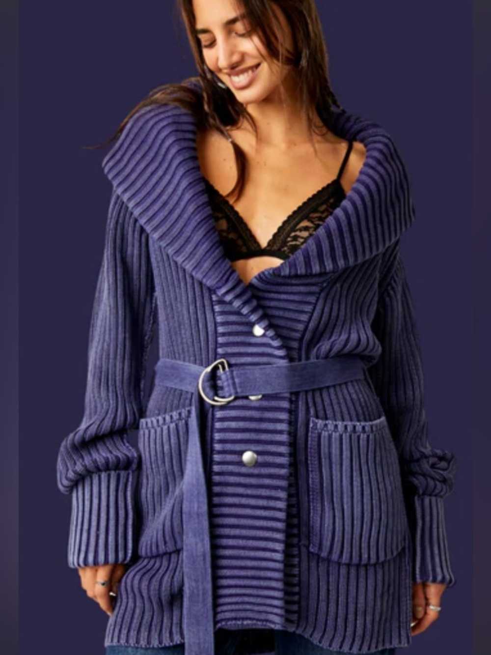 Free People Deep Purple Ribbed Belted Cardigan